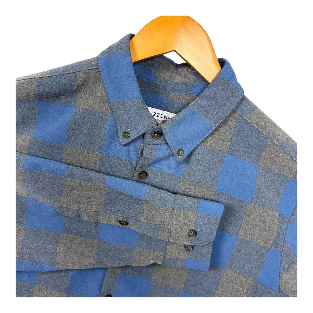 Mizzen Main Shirt Mens XL Blue Gray Buffalo Plaid Trim Fit Stretch Button Up USA